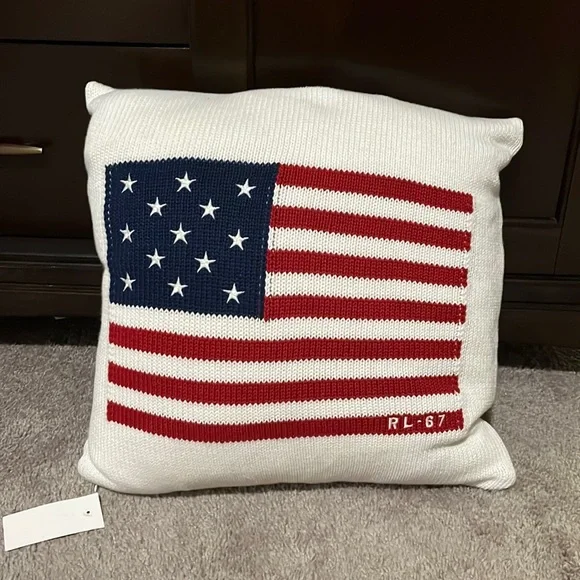 Polo Ralph Lauren American Flag throw decor pillow knit white 18”x18”  cotton new